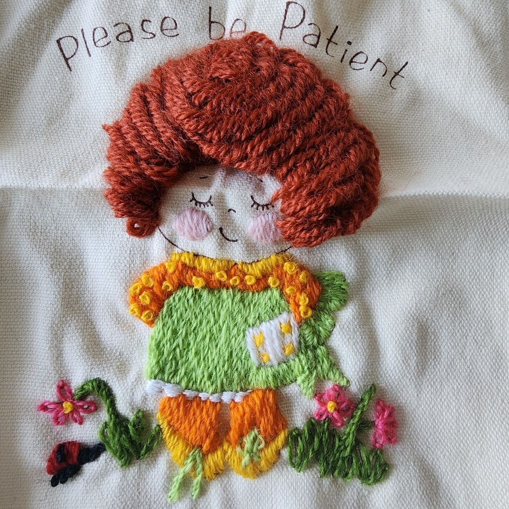 Creative Circle Patience Girl Embroidery Art Piece Vintage 1981 Wall Art Canvas